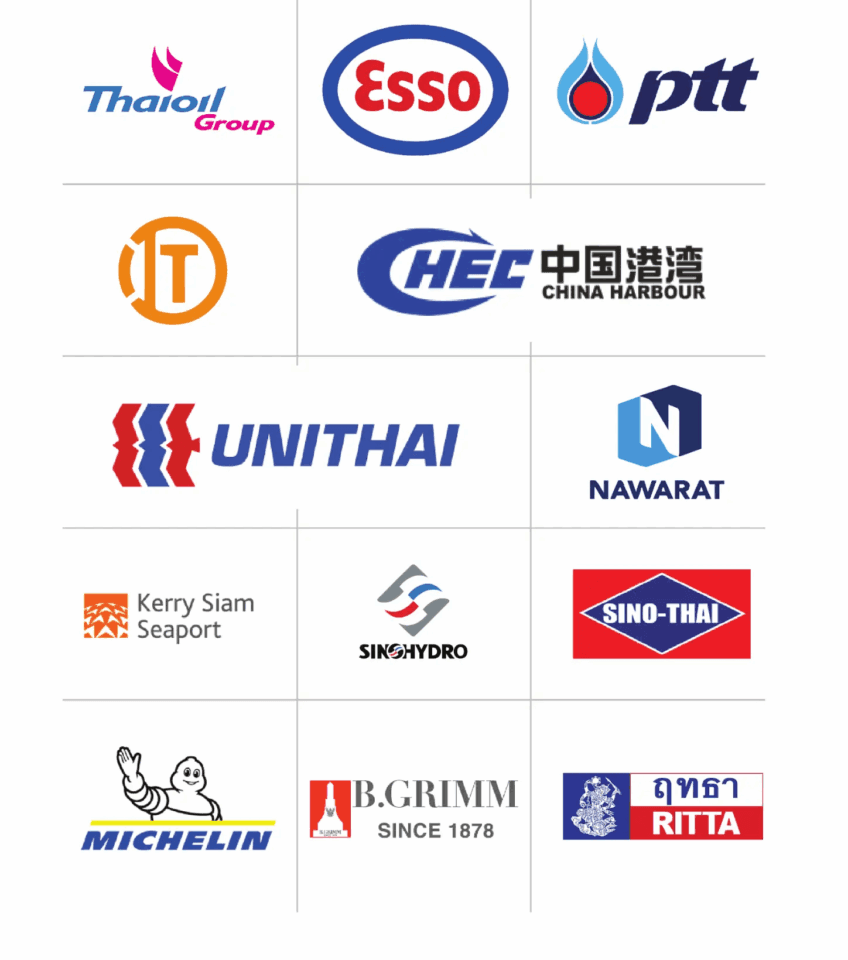 โลโก้ลูกค้าองค์กรที่ไว้วางใจ สุขุมคอนสตรัคชั่น เช่น PTT, Esso, Thaioil, Michelin, B.GRIMM, Kerry Siam Seaport และ Sino-Thai